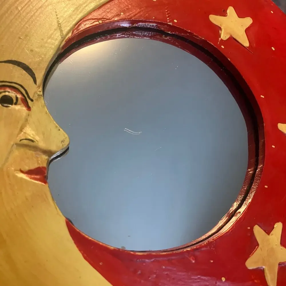 Vintage moon star celestial wooden mirror, red and yellow bohemian hippie whimsy
